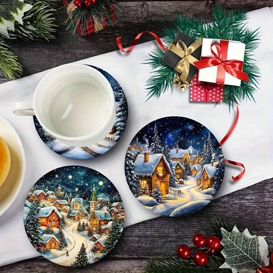 6pcs/Set Tatakan Gelas Kayu Bertema Desa - Pemandangan Musim Dingin yang Menawan dengan Kepingan Salju, Pohon Tertutup Salju, dan Bintang Berkilau - Cocok untuk Natal dan Pesta Liburan Lainnya, Dekorasi Rumah - View 1