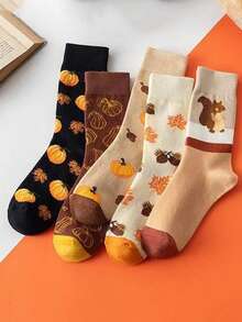 5 Pairs Women's Mid-Calf Cotton Socks, Autumn Pumpkin Squirrel Maple Leaf Vintage Theme, Cute Cartoon Versatile Socks - Multicolor - View 6