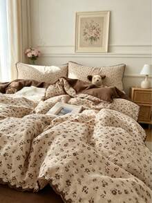 Shell Triangle Lace Duvet Cover 4-Piece Set, Soft And Comfortable Bedroom Bedding, Lace Design With Cute Floral Pattern, Breathable And Soft All-Season Bedding Set, Includes 1 Duvet Cover, 1 Bed Sheet, 2 Pillowcases, No Filling, Suitable For Bedroom, Dorm, Home, Multiple Size Options - Brown and White - View 4