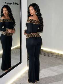 DVSLOE Women Y2K Black Fall Winter Two Pieces Outfit, Off Shoulder Fuzzy Leopard Trim Crop Top + High Waist Flare Pants Set For Party Night Out - Hitam - View 3