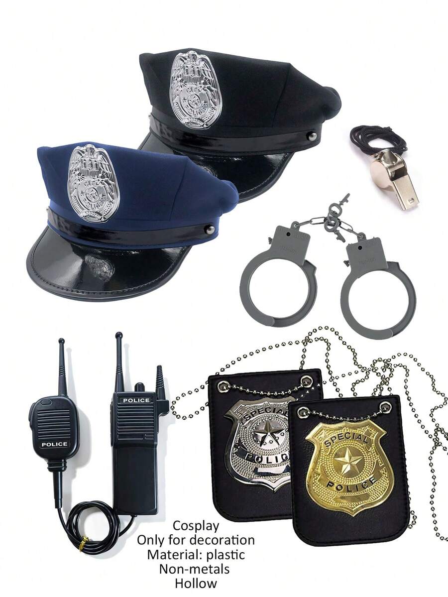 Multi-Piece Cosplay Hat, Cosplay Handcuffs, Cosplay Badge, Cosplay Walkie-Talkie, Whistle, Halloween Gift Hat, Suitable For Theme Parties, Party Costumes, Police Style, Accessory Set, Cosplay Party Supplies, Fun Accessories, Versatile, Role Play - Multicolor - View 1