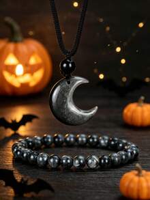2pcs Silver Moon Pendant Set Halloween Party Accessories Vintage Natural Stone Jewelry - Multicolor - View 3
