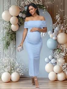 JustVH Elegant Maternity Tulle Off-Shoulder Pleated Sleeveless Summer Dress, Suitable For Baby Shower Party Photos Fall - Blue - View 5