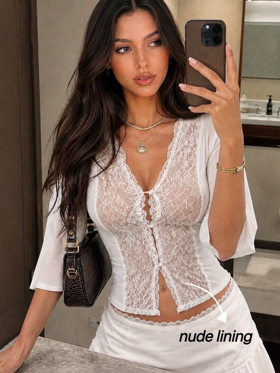 Vintage Zen-Style Lace Patchwork Cardigan Collar Mid-Sleeve Top, Slightly Sheer Flared Sleeve Slim Fit Knit Sweater - White - View 1