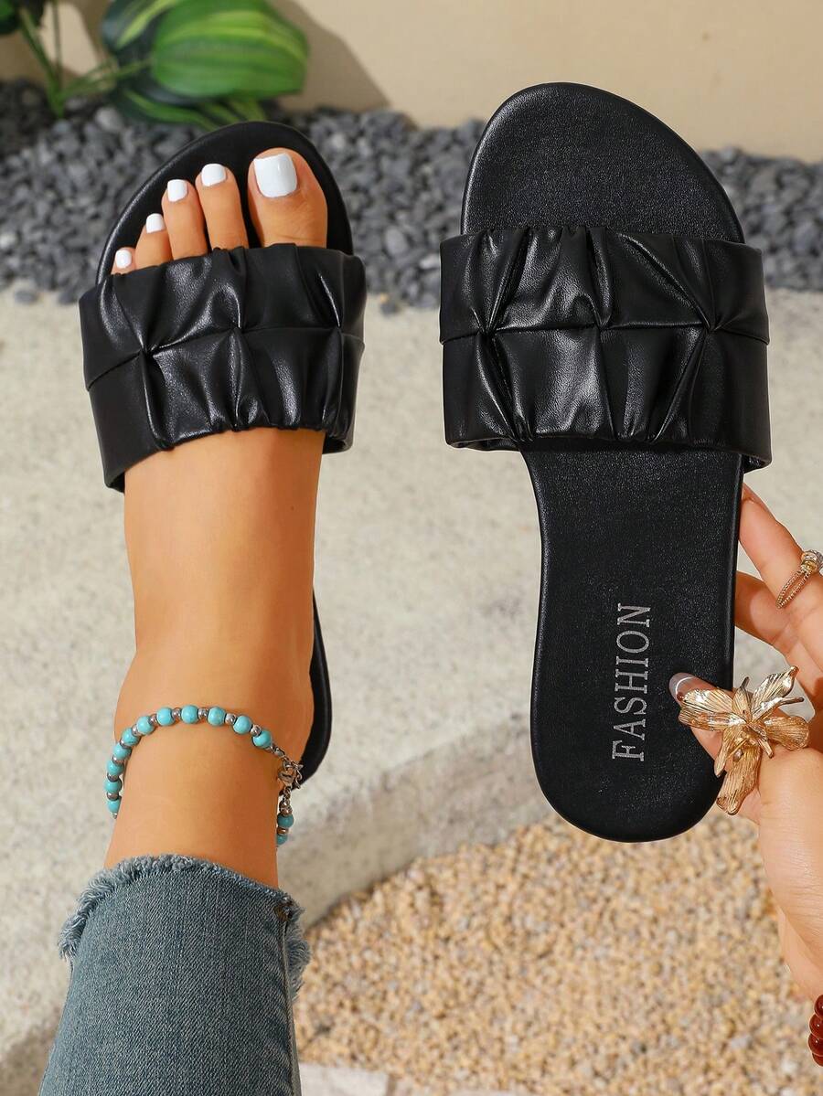 Women's Flat Orange Ruched Comfortable Open Toe One-Strap Sandals, Casual Fashion Beach Slides - Black - View 1