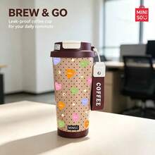 Cốc nước MINISO, cốc cà phê đơn giản và thanh lịch, họa tiết chấm bi hình trái tim 530ML, có ống hút, mẫu giữ nhiệt mới cho mùa thu đông; quà tặng ngày Valentine. - Cà phê nâu - Xem 4