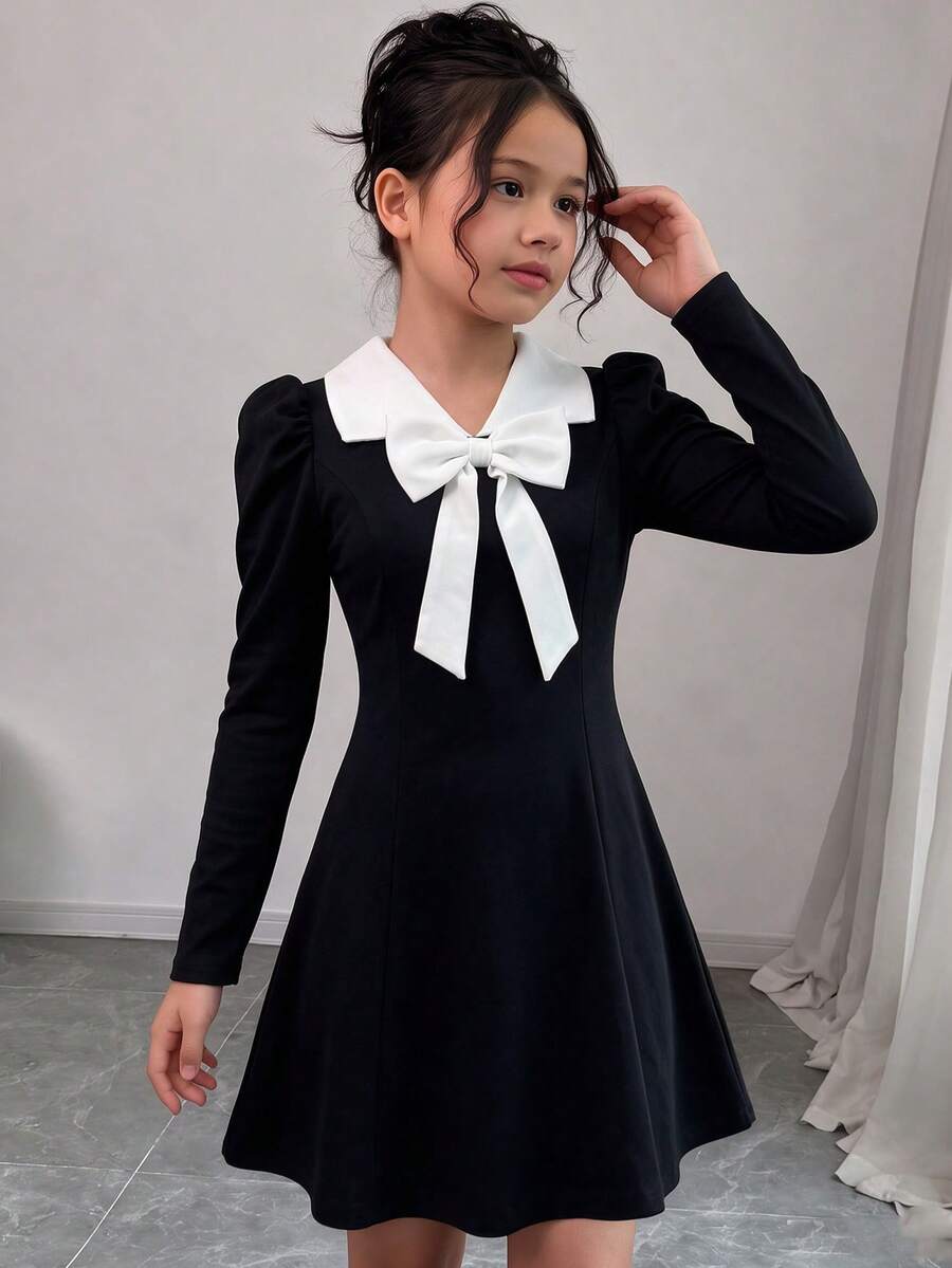 大女孩秋季黑白拼接蝴蝶結優雅通勤街頭派對晚宴可愛長袖洋裝 - 黑色 - 查看 1