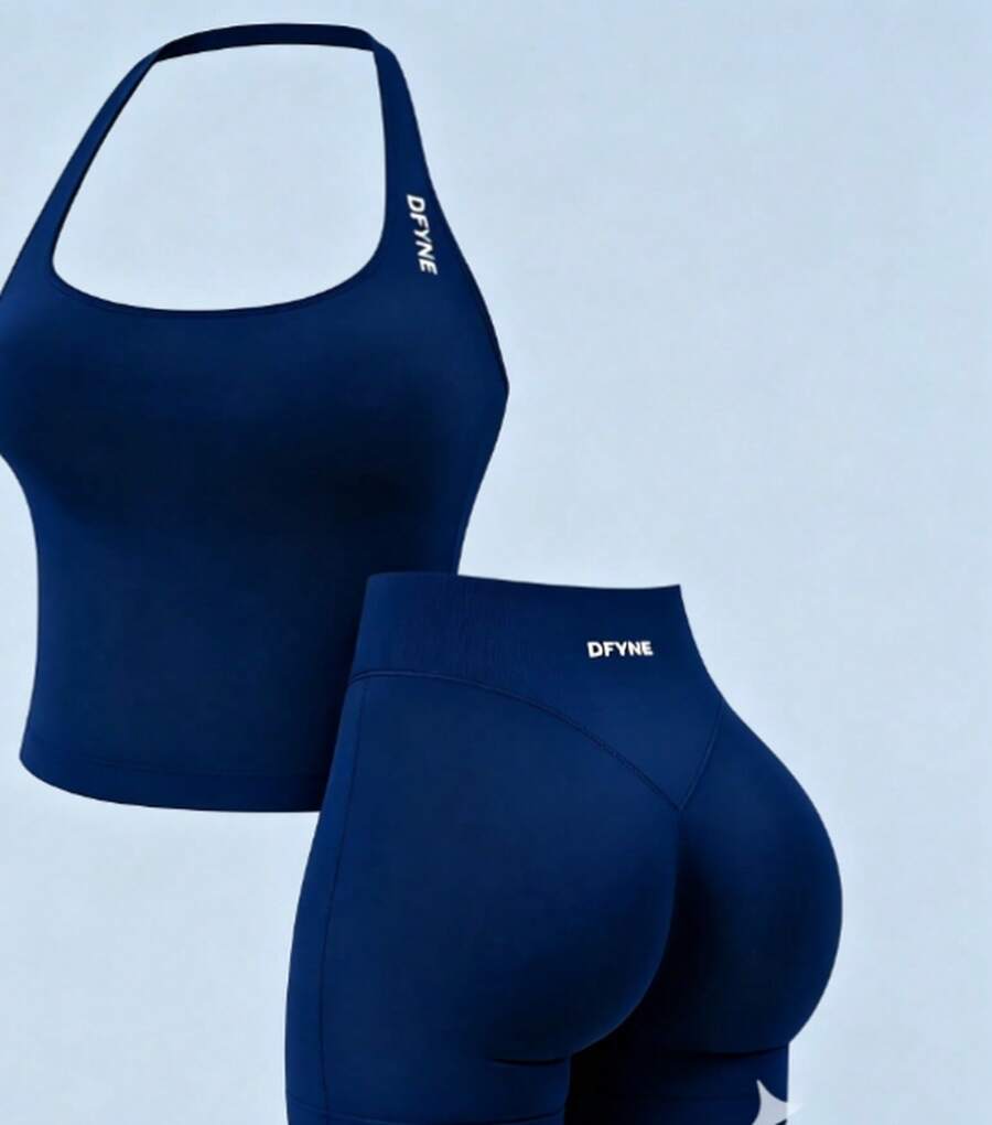DFYNE Conjunto Deportivo Tirantes top + Shorts, Ideal para Yoga, Gimnasio y Entrenamiento - Azul tinta (chaleco + pantalones cortos) - Ver 1