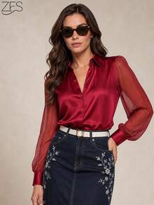 1pc Women's Solid Color Satin Front Button Elegant Fashionable Mesh Patchwork Long Sleeve Blouse, Suitable For Office, Vacation, Daily Wear, Festivals, All Seasons Spring - Wine Red - View 2
