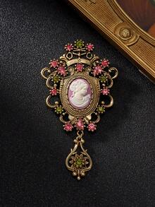 1pc Vintage Embossed Portrait Cameo Brooch, Distressed Gold Color Rhinestone Inlaid Palace Style Pendant Brooch Flower, Women's Coat & Dress Accessory - Multicolor - View 7