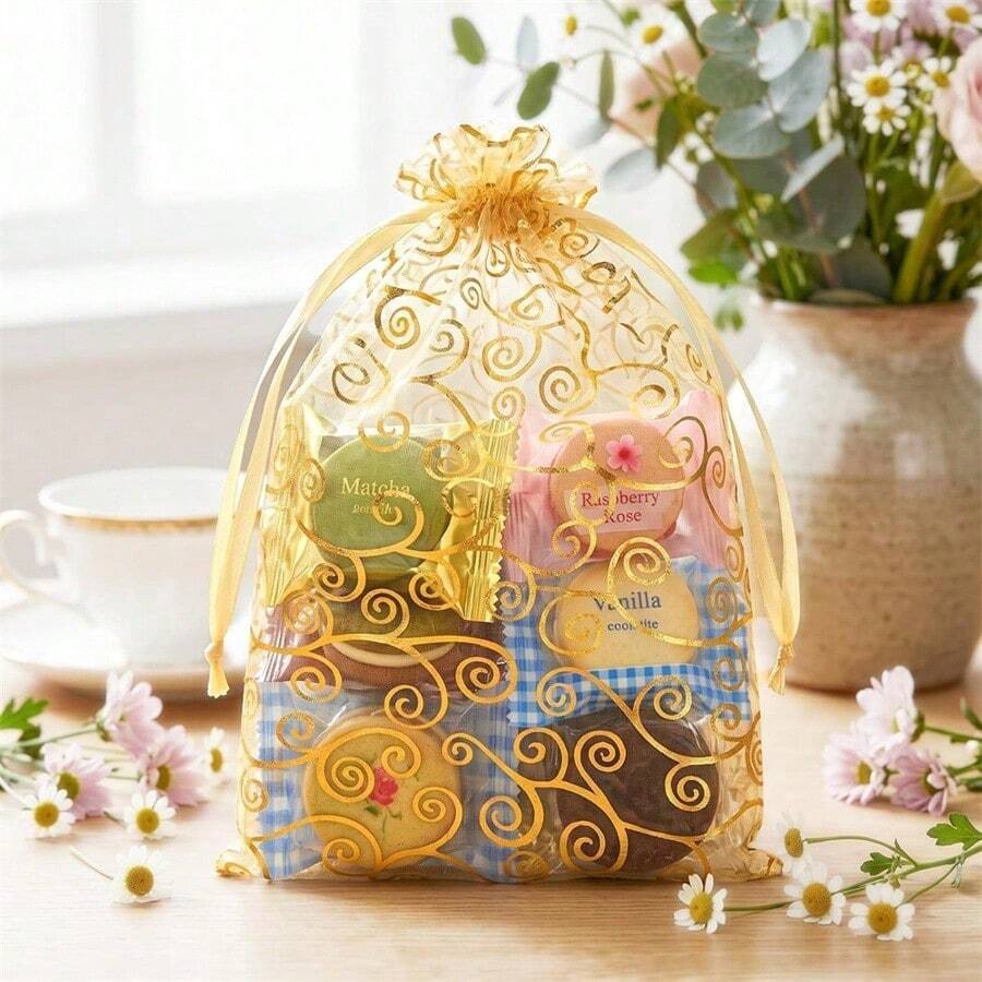 100 buah Kantong Kado Organza Motif Pusaran Emas, Kantong Serut Transparan Berbagai Ukuran, Kantong Jala yang Dapat Digunakan Kembali untuk Souvenir Pesta Pernikahan, Pembaptisan, Wisuda, Pesta Liburan, Kemasan Permen dan Perhiasan - MultiWarna - View 1