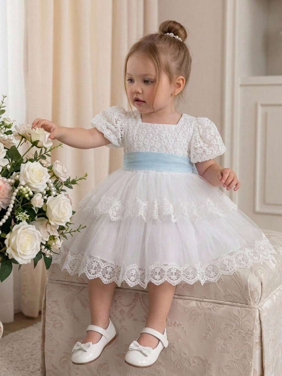 Baby Girls Lace Embroidered Mesh Cute Elegant 1st Birthday Dress Suitable For Girls 0-3 Years Old Birthday Gift Banquet School Stage Performance Outfit Wedding Flower Girl Dress - White - View 1