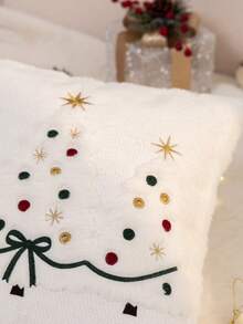 1pc White Christmas Tree Embroidered Pillow Case, Suitable For Indoor Decoration, Christmas Decoration, All-Season Pillow Cover, Without Insert - White - View 8