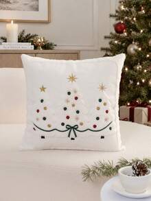 1pc White Christmas Tree Embroidered Pillow Case, Suitable For Indoor Decoration, Christmas Decoration, All-Season Pillow Cover, Without Insert - White - View 2