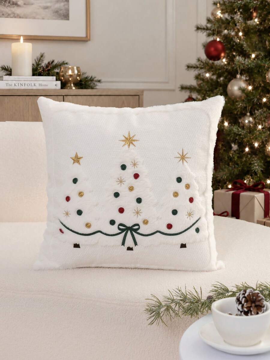 1pc White Christmas Tree Embroidered Pillow Case, Suitable For Indoor Decoration, Christmas Decoration, All-Season Pillow Cover, Without Insert