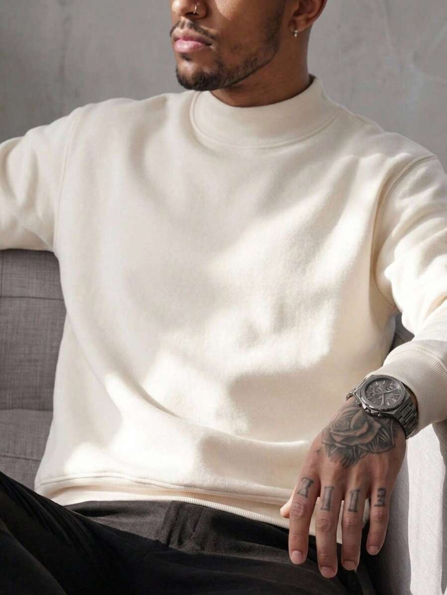 Men's Casual Versatile Solid Color Long Sleeve Sweatshirt For Daily Commute - Champagne - View 1