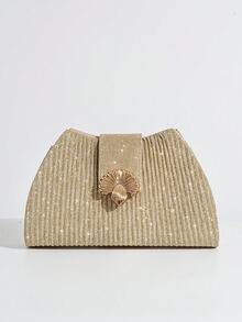 細閃亮片百褶設計晚宴手拿包，優雅高端女款斜挎包，適合正式場合、派對、舞會與晚禮服搭配的時尚晚宴包 - 金色 - 查看 6