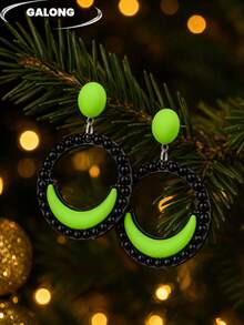 European And American Style Geometric Star Acrylic Color-Block Long Pendant Earrings For Women, Autumn Fashion - Eccentric Circle Green Black - View 3