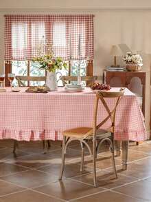 1pc French Retro Plaid Tablecloth, Farmhouse Vintage Style With Ruffle Trim, Skin-Friendly Washable Reusable, Suitable For Home Kitchen Dinner, Outdoor Activities, Living Room, Dining Room, Party, Daily Decor - Pink - View 6