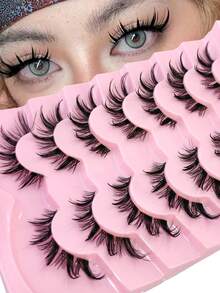 7 Pairs False Eyelashes, Thin Style, D Curl, Cat Eye Fox Eye Natural Look, Fluffy Transparent Band, Manga Style Faux Mink Strip Lashes - Black - View 1