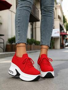 WTKMRSSTEP Spring/Summer New Women's Platform Lace-Up Casual Shoes, Breathable Commuter Versatile Shoes - Red - View 4