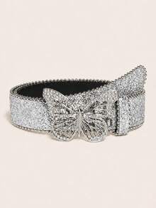 1pc Sequin Rhinestone Fashion Party Women's PU Leather Belt, Suitable For Carnival, Back To School, Christmas, Halloween And Daily Wear - Silver Butterfly - View 2