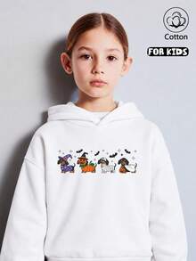 Girls' Halloween Sweatshirt, White Cotton Sweatshirt With Witch Print - White - View 7