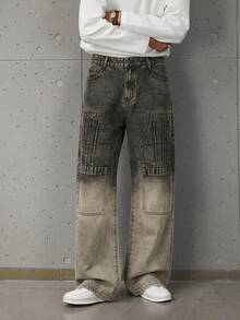 European & American Men's Vintage Retro Blue Trim Decorated Multi-Craft Mixed Style Loose Straight Leg Denim Jeans - Mocha Brown - View 4