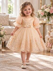 Baby Girl Sweet Bow Decor Embroidered Princess Dress, Suitable For Baptism, First Birthday Party, Wedding Flower Girl, Photography - Champagne - View 1