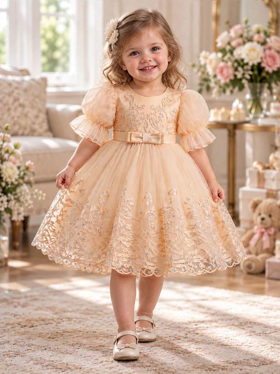 Baby Girl Sweet Bow Decor Embroidered Princess Dress, Suitable For Baptism, First Birthday Party, Wedding Flower Girl, Photography - Champagne - View 1