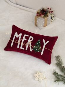 1pc Christmas Red MERRY Embroidered Pillowcase, Christmas Tree Pillowcase, Suitable For Indoor Decoration, Christmas Decoration, All Season Pillowcase, Without Insert - Red - View 9