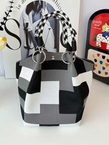 Handbag, Geometric Color Block Patchwork Body, Checkerboard Woven Handle, Metal Ring Connection, Snap Closure. Spacious Interior For Books, Tablets And Other Personal Items, Hand-Carried, Artistic Design, Suitable For Daily Use. - Black - View 2