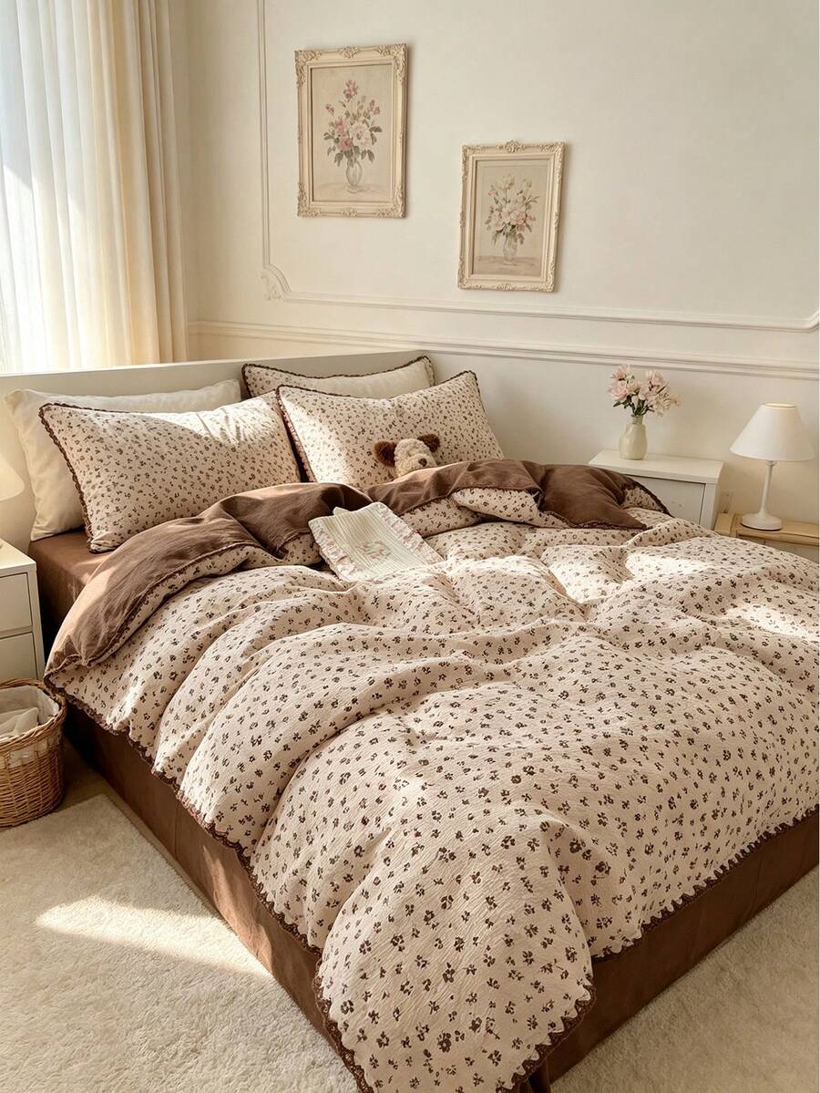 Shell Triangle Lace Duvet Cover 4-Piece Set, Soft And Comfortable Bedroom Bedding, Lace Design With Cute Floral Pattern, Breathable And Soft All-Season Bedding Set, Includes 1 Duvet Cover, 1 Bed Sheet, 2 Pillowcases, No Filling, Suitable For Bedroom, Dorm, Home, Multiple Size Options - Brown and White - View 1