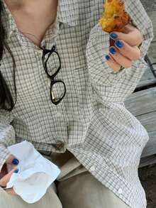 Women's Vintage Plaid Button-Up Long Sleeve Shacket - Beige - View 6