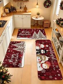 1PC Red Background Christmas Snowman Leopard Print Christmas Tree Kitchen Rug, Kitchen Mat, Kitchen Carpet, Door Mat, Small Rug, Carpet, Runner Rug, Floor Mat, Home Decor, Area Rug, Outdoor Mat, Home Decor, Area Carpet, Bedroom Rug - A - View 3