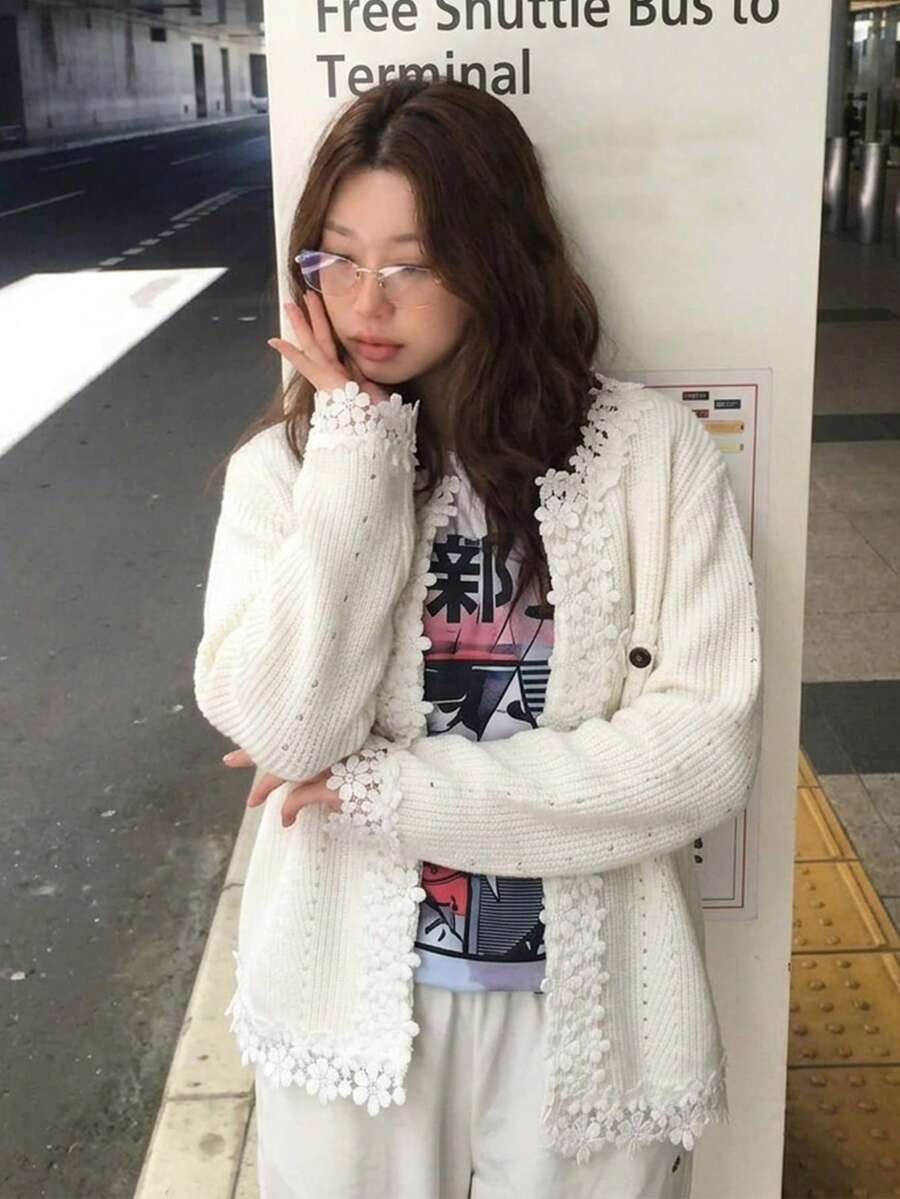 Áo cardigan len móc viền ren cài nút phía trước, tay dài cổ chữ V màu trắng, áo dệt kim thanh lịch cho mùa thu, dáng vừa vặn, chất liệu mềm mại - trắng - Xem 1