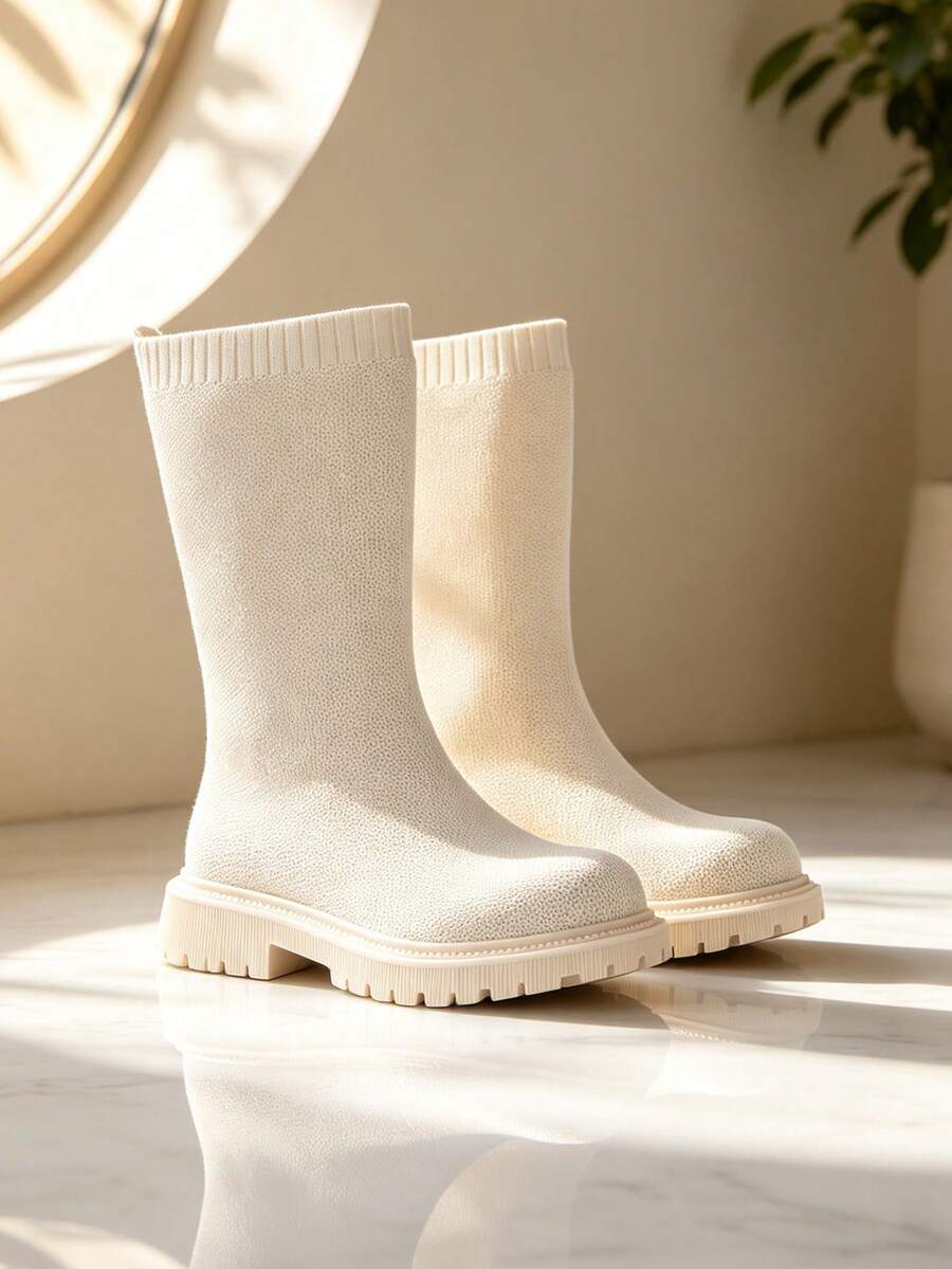 1 Pair Kids' Tall Elastic Boots, Breathable Elastic Knit Fabric, Round ...