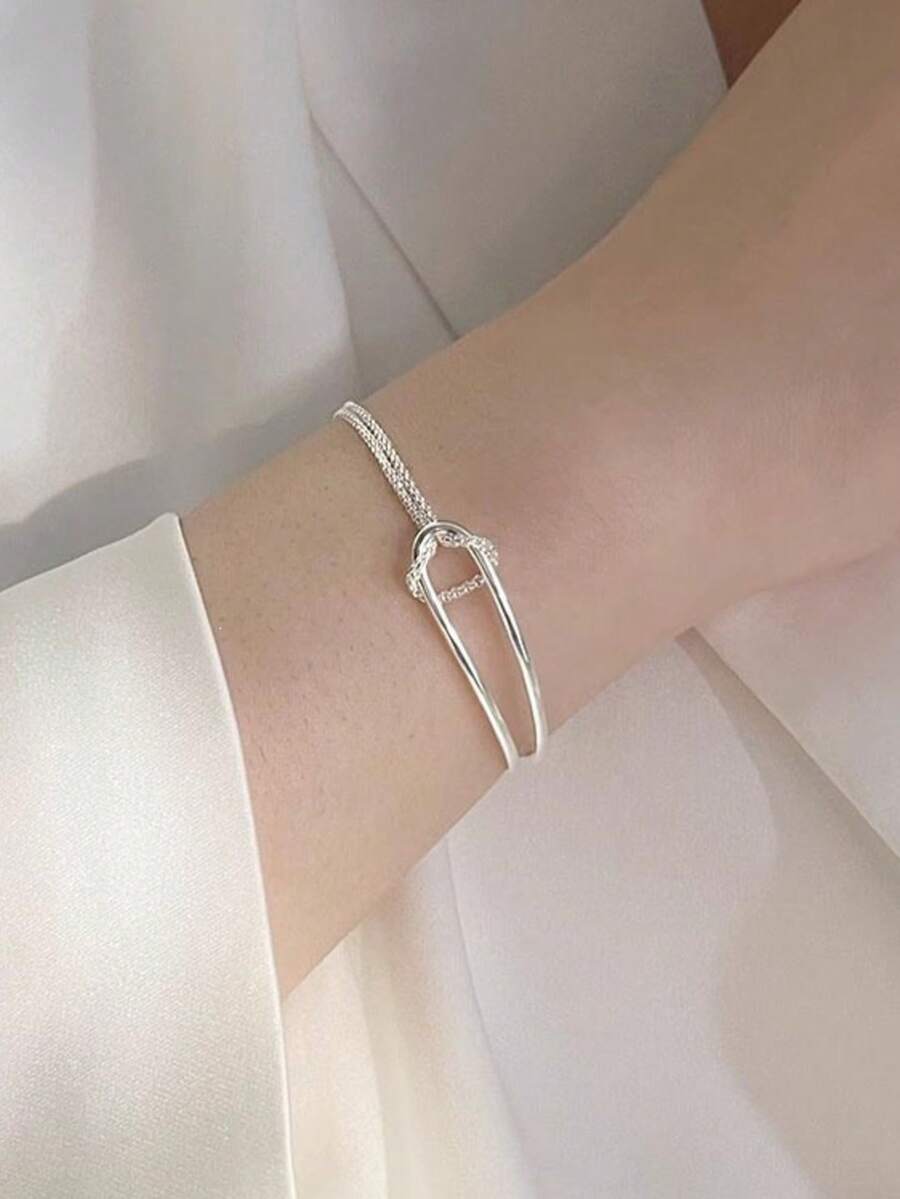1pc Minimalist Niche Asymmetric Double Layer Curved Tube & Starry Spliced Half Chain Bracelet - Antique Silver - View 1