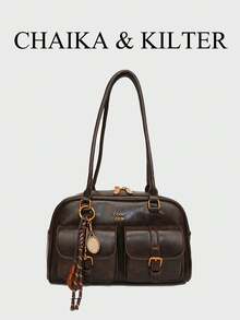1 件 CHAIKA & KILTER 女士纯色亮面 PU 皮革单肩包，时尚多口袋大容量波士顿保龄球包，带拉链开合，适合日常和户外使用（与吊坠一起出售） - 咖啡 - 查看 1