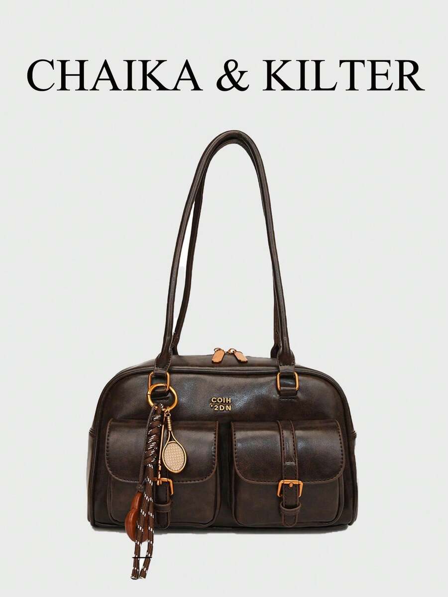 1 件 CHAIKA & KILTER 女士纯色亮面 PU 皮革单肩包,时尚多口袋大容量波士顿保龄球包,带拉链开合,适合日常和户外使用(与吊坠一起出售) - 咖啡 - 查看 1