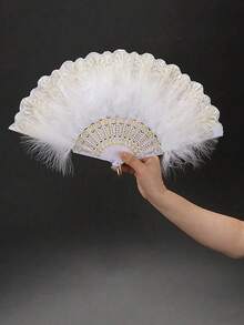 1pc Vintage Women's Feather Tassel Decorated Chinese Folding Fan, Suitable For Stage Elegant Halloween, Wedding Bride, Cosplay, Photo Props - Folding Feather Fan - View 2