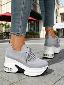 WTKMRSSTEP Spring/Summer New Women's Thick Sole Lace-Up Casual Shoes, Breathable Commuter Versatile Sneakers - Grey - View 3