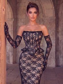 Dramatic Strapless Lace Overlay Evening Gown With Boned Bodice, Back Slit And Matching Gloves, Suitable For Banquets, Galas, Charity Balls And Award Ceremonies - Black - View 6