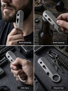 Metal Beard Comb | 304 Stainless Steel Pocket Comb, Suitable For Men's Beard Grooming, Hairstyle Styling And Beard Care | Portable Men's EDC Accessory, Multi-Functional Tool With Bottle Opener Function - Multicolor - View 2