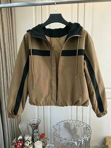 European & American Hot-Selling Women's Fashion Commuter Versatile Daily Casual Colorblock Pocket Hooded Short Jacket, Suitable For Spring, Autumn And Winter - Brown - View 3