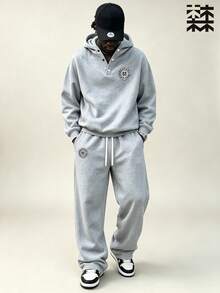 mulinsen Men's Hoodie Sweatshirt Set - Heavyweight Loose Drop Shoulder Top Paired With Draped Wide Leg Sweatpants, Casual 2 Pieces Set - Grey - View 5