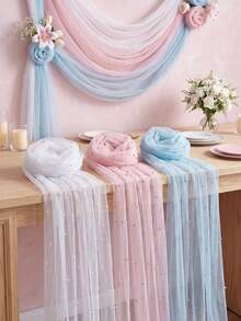 3pcs Pearl Decorated Table Runner, Gauze Tablecloth, Including Blue Pink White Size 75*180cm, DIY Pearl Gauze, Wedding Decoration, 1st Birthday Party Decoration, Bridal Shower Decoration, Gender Reveal Party Decoration, Baby Shower Supplies, Holiday Party Supplies, Home Decor, Room Decor, Tabletop Decoration - Multicolor - View 5