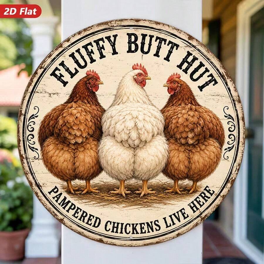 لوحة جدارية معدنية مسطحة دائرية الأبعاد، ديكور منزلي "Fluffy Butt Hut"، بأسلوب ريفي، بنمط الدجاج، تصميم ريفي، مناسبة للمطبخ والمزرعة وغرفة المعيشة، ديكور داخلي وخارجي، مقاومة للطقس، متينة - B - مشاهدة 1