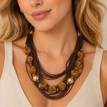1pc Women's Boho Vintage Brown Multi Strand Cord Resin Beaded Statement Necklace, Chunky Layered Geometric Jewelry For Fall Winter Daily & Vacation - Brown - View 1