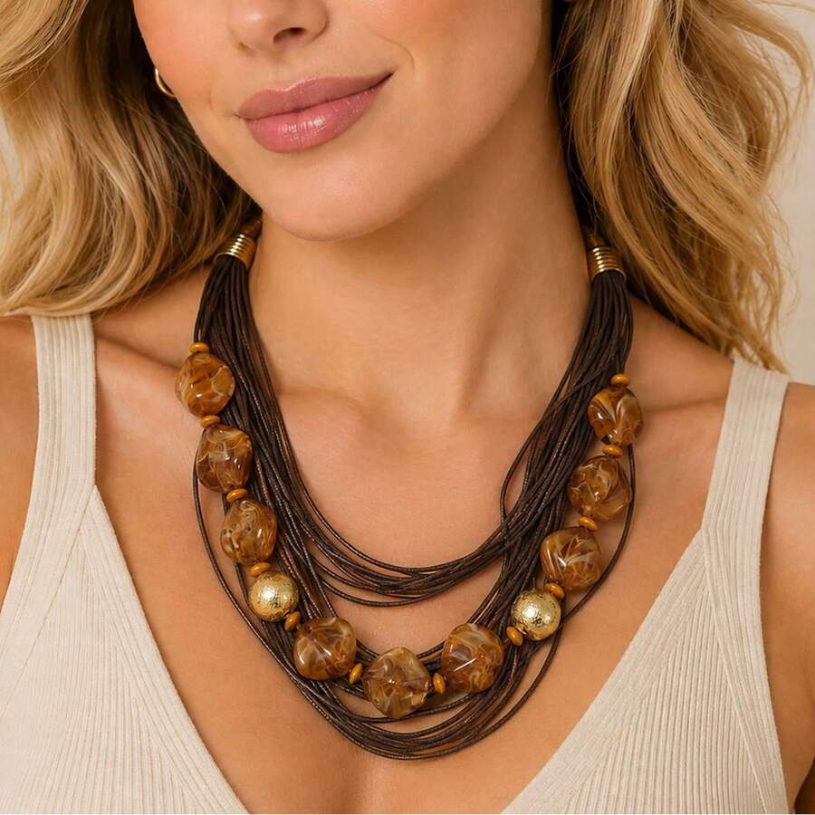 1pc Women's Boho Vintage Brown Multi Strand Cord Resin Beaded Statement Necklace, Chunky Layered Geometric Jewelry For Fall Winter Daily & Vacation - Brown - View 1